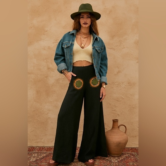 NWT ROMUALDA Nina Kiwi Seeds Black Wide Leg Boho Hand Painted Pants Small Spain